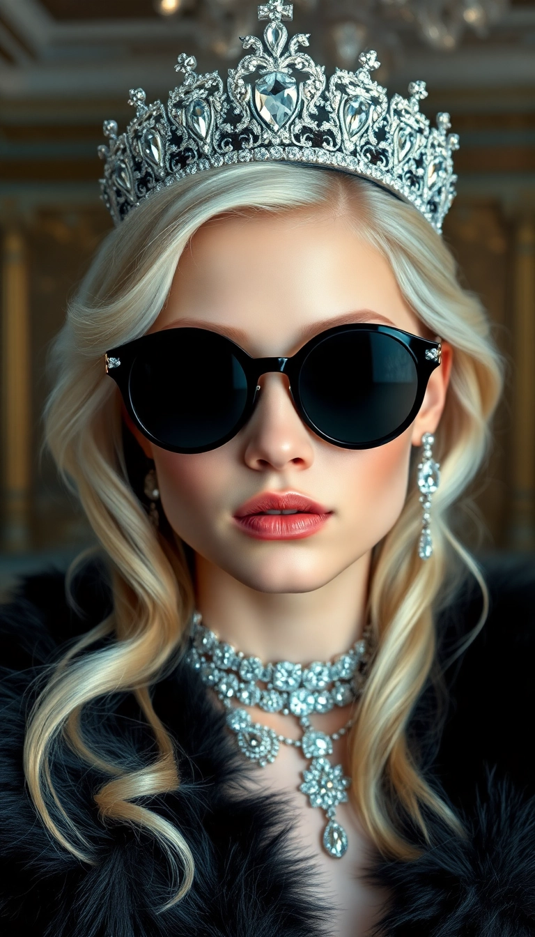 Free AI Young Platinum Blonde Queen in Black Fur iPhone Gorgeous Wallpaper